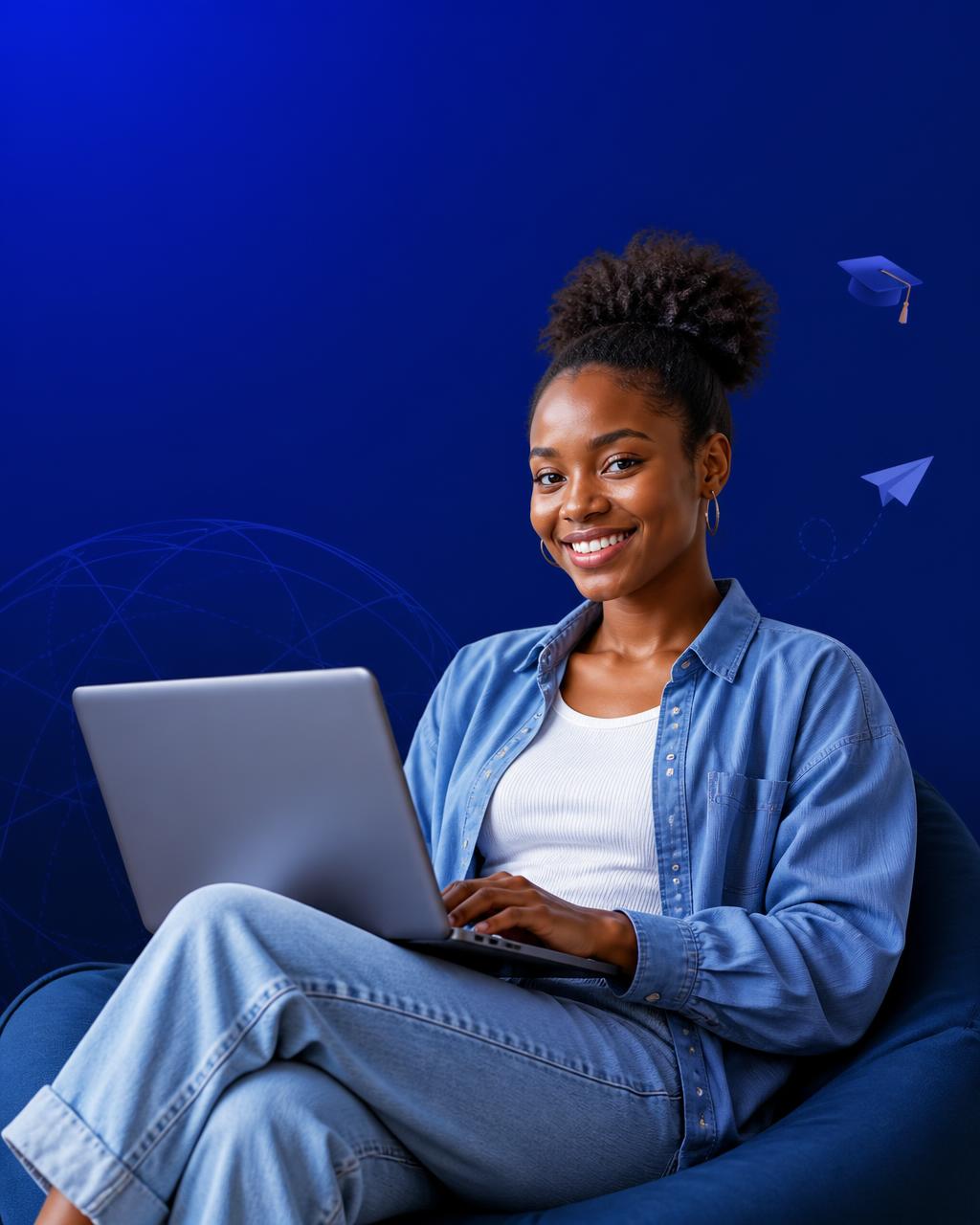 Étudiante africaine travaillant sur son projet d'études internationales avec un ordinateur portable